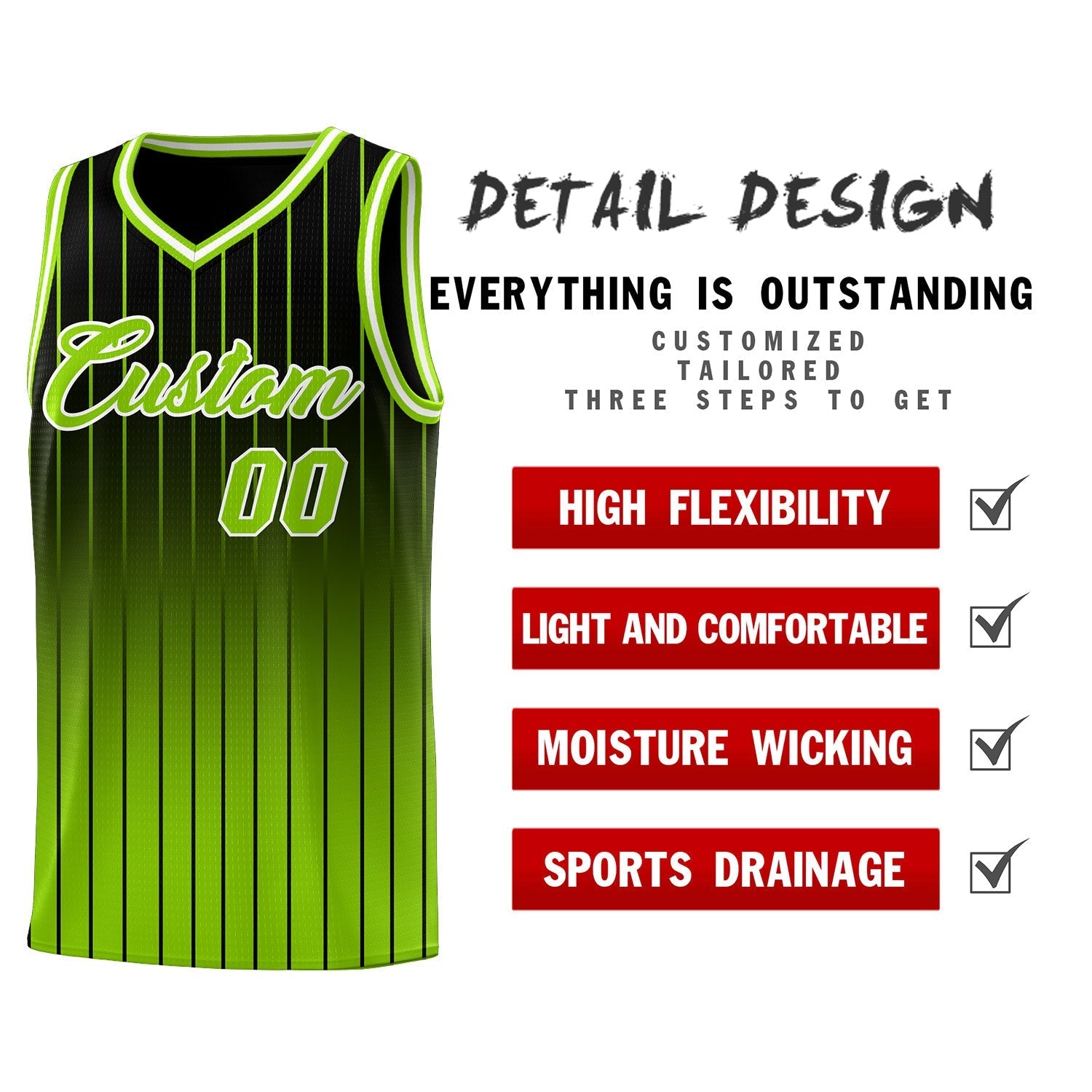 Custom Black Neon Green Gradient Fashion Sets Sports Stripe Uniform Basketball Jersey