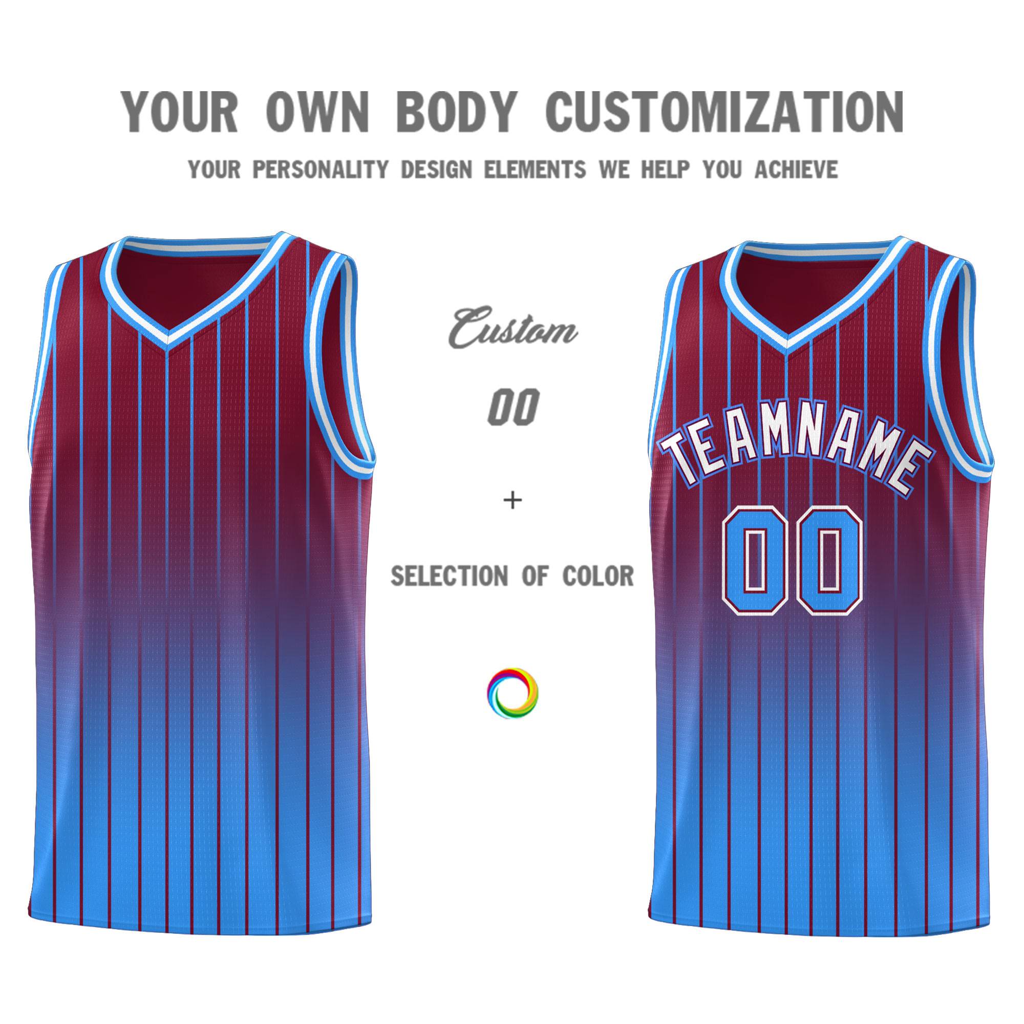 Custom Crimson Powder Blue Gradient Fashion Sets Sports Stripe Uniform Basketball Jersey