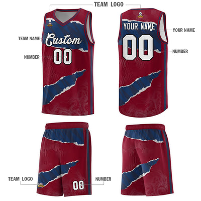 Custom Crimson Navy-Crimson Tear Graffiti Pattern Sports Uniform Basketball Jersey