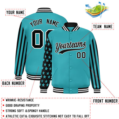 Custom Aqua American Flag Varsity Full-Snap Authentic Raglan Sleeves Letterman Bomber Jacket