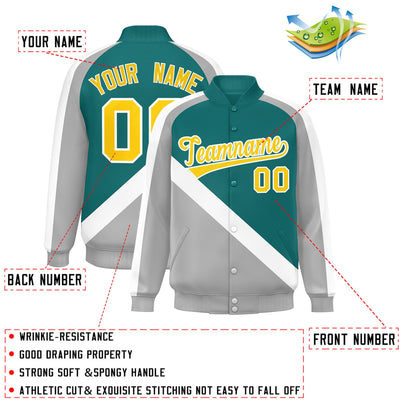 Custom Aqua Gray Raglan Sleeves Varsity Full-Snap Letterman Baseball Jacket