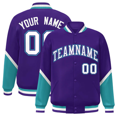 Custom Purple Aqua Varsity Full-Snap Color Block Letterman Baseball Jacket