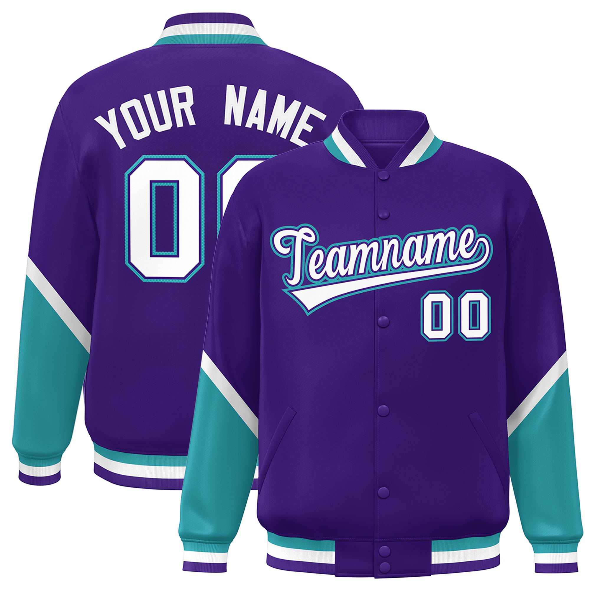 Custom Purple Aqua Varsity Full-Snap Color Block Letterman Baseball Jacket