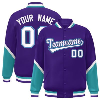 Custom Purple Aqua Varsity Full-Snap Color Block Letterman Baseball Jacket