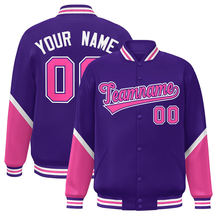 Custom Purple Pink Varsity Full-Snap Color Block Letterman Baseball Jacket