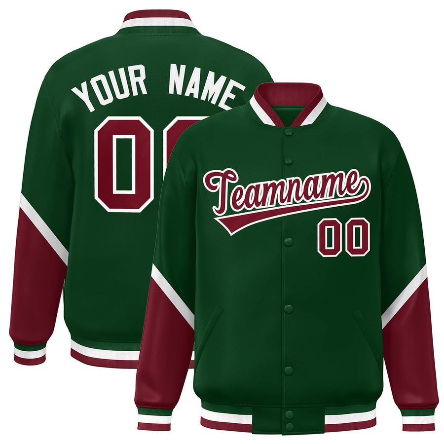 Custom Green Crimson Varsity Full-Snap Color Block Letterman Baseball Jacket