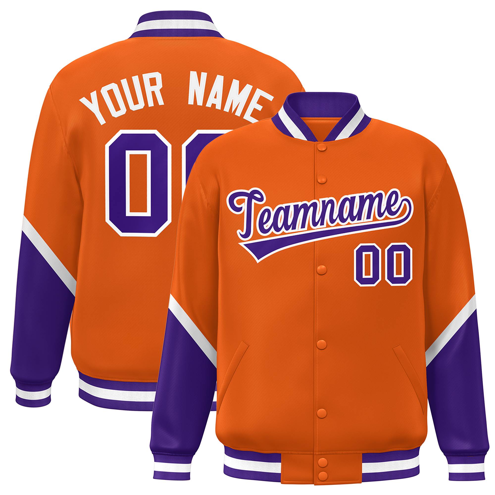Custom Orange Purple Varsity Full-Snap Color Block Letterman Baseball Jacket