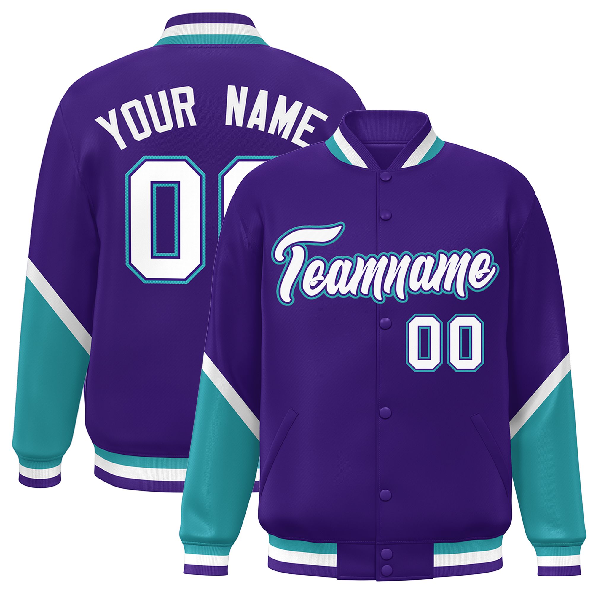 Custom Purple Aqua Varsity Full-Snap Color Block Letterman Baseball Jacket