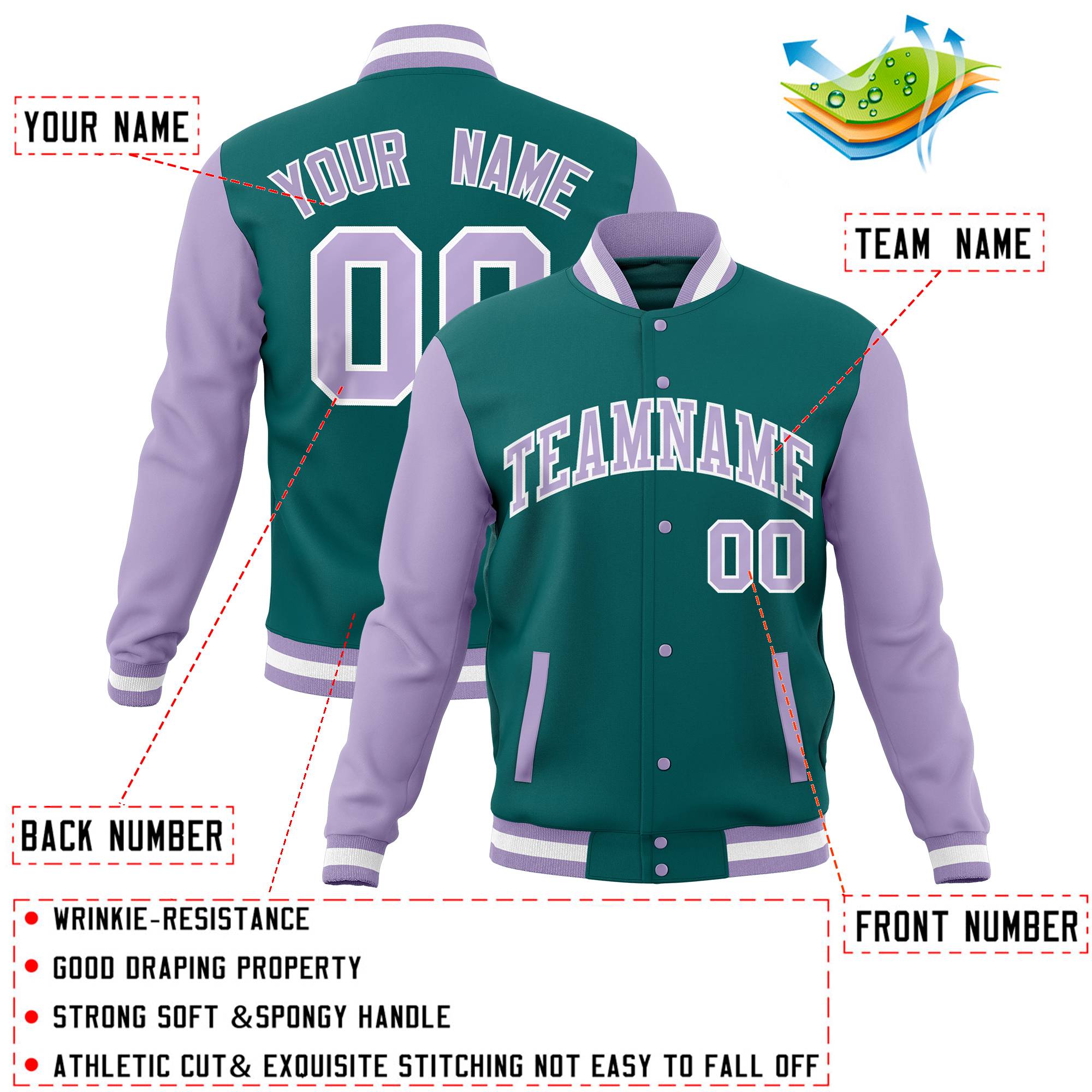 Custom Aqua Light Purple Full-Snap Varsity Raglan Sleeves Letterman Baseball Jacket