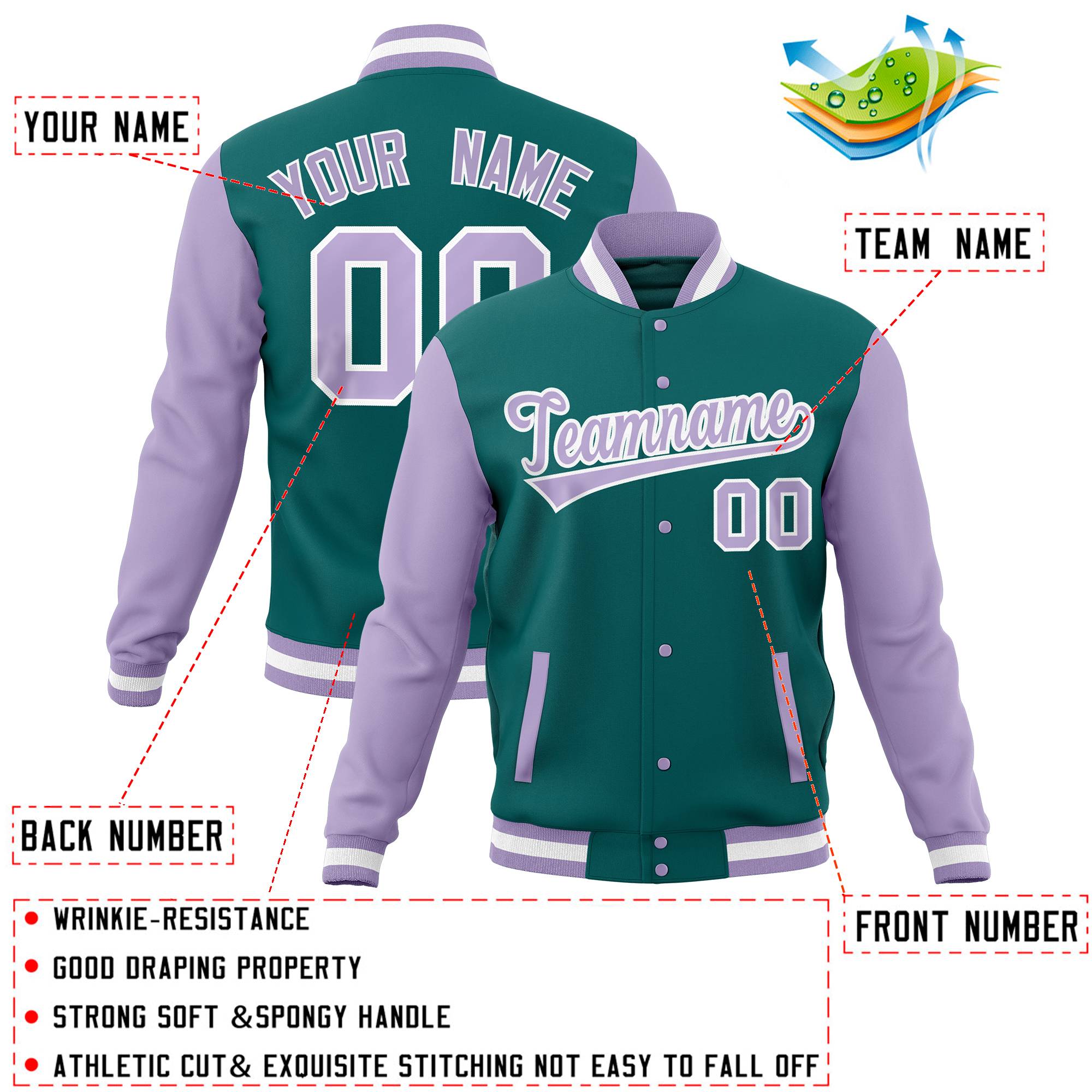Custom Aqua Light Purple Full-Snap Varsity Raglan Sleeves Letterman Baseball Jacket
