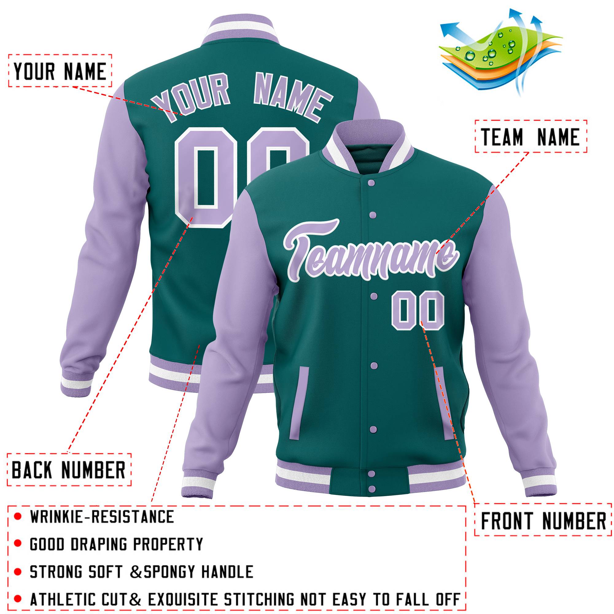 Custom Aqua Light Purple Full-Snap Varsity Raglan Sleeves Letterman Baseball Jacket