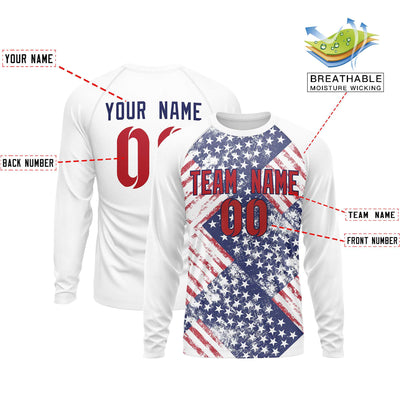 Custom White Royal-Red Personalized American Flag Design Long Sleeve Performance T-shirt