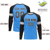 Custom Powder Blue Black White Crew Neck Personalized Raglan Long Sleeve Performance T-shirt