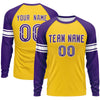 Custom Gold Purple White Crew Neck Personalized Raglan Long Sleeve Performance T-shirt