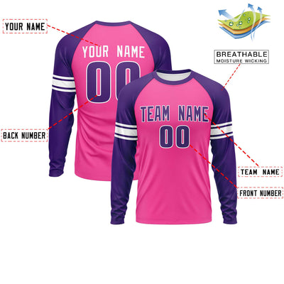 Custom Pink Purple White Crew Neck Personalized Raglan Long Sleeve Performance T-shirt