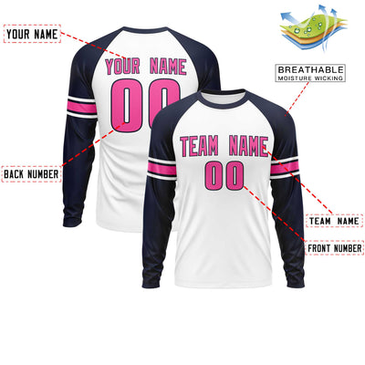 Custom White Navy Pink Crew Neck Personalized Raglan Long Sleeve Performance T-shirt