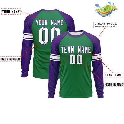 Custom Kelly Green Purple White Crew Neck Personalized Raglan Long Sleeve Performance T-shirt