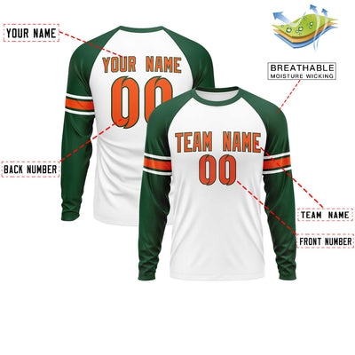 Custom White Green Orange Crew Neck Personalized Raglan Long Sleeve Performance T-shirt