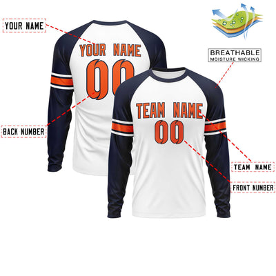 Custom White Navy Orange Crew Neck Personalized Raglan Long Sleeve Performance T-shirt