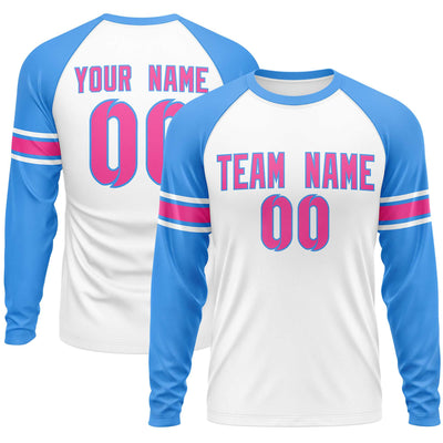 Custom White Powder Blue Pink Crew Neck Personalized Raglan Long Sleeve Performance T-shirt