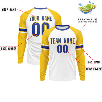 Custom White Gold Royal Crew Neck Personalized Raglan Long Sleeve Performance T-shirt