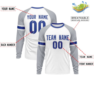 Custom White Gray Royal Crew Neck Personalized Raglan Long Sleeve Performance T-shirt