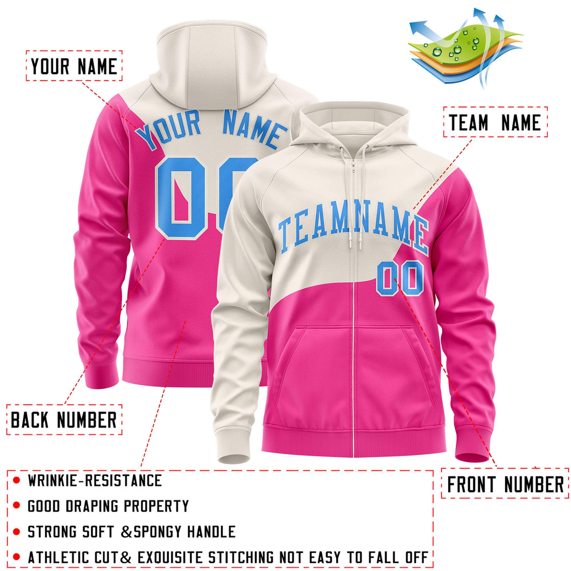 Custom Cream Pink Color Block Varsity Full-Zip Letterman Wave Jacket Hoodie