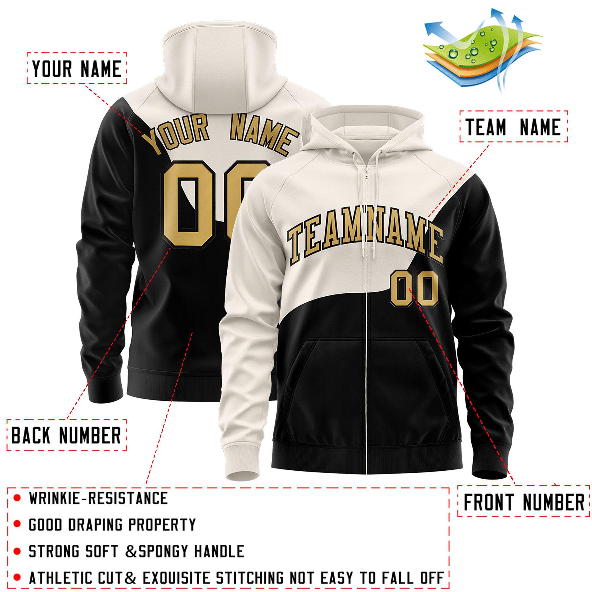 Custom Cream Black Color Block Varsity Full-Zip Letterman Wave Jacket Hoodie
