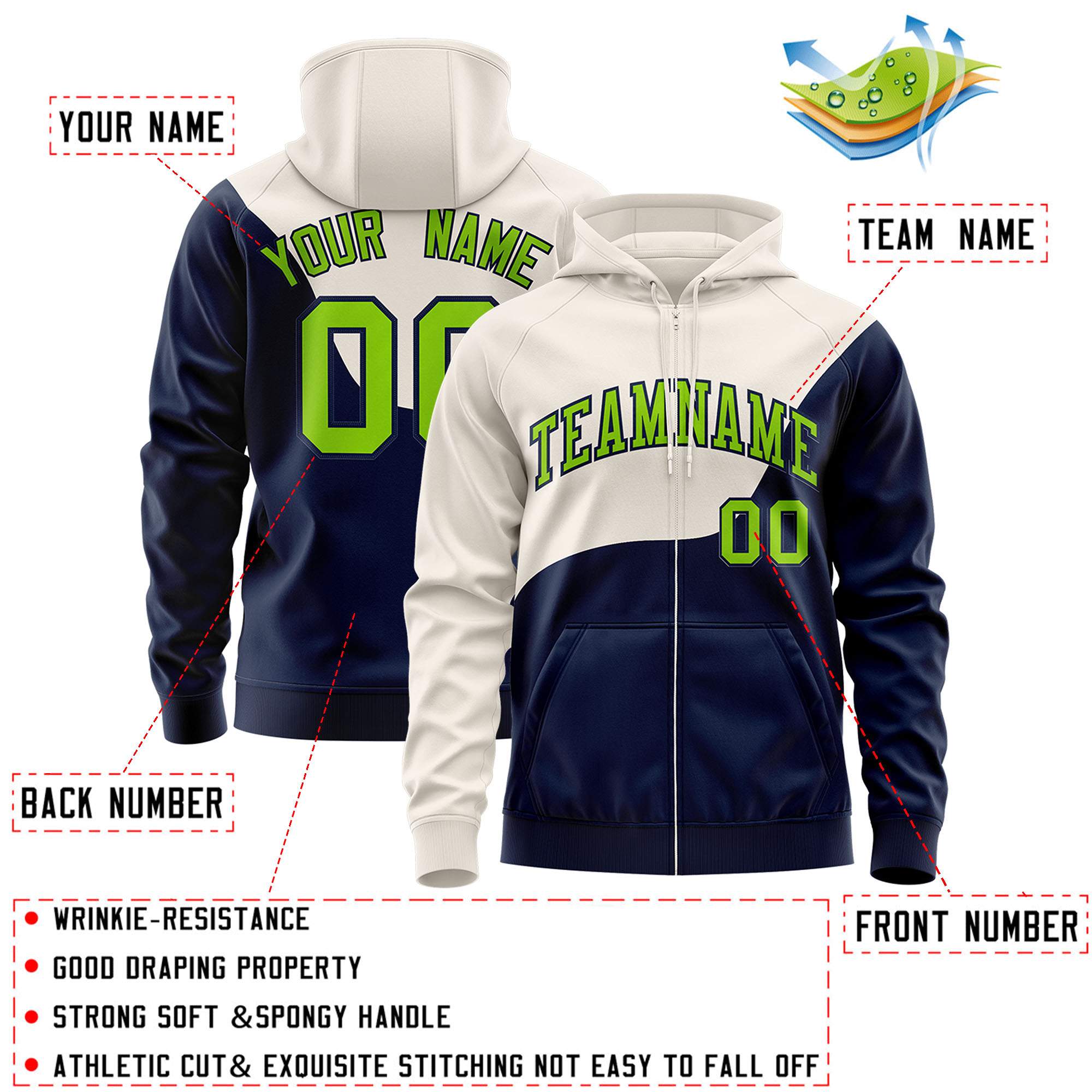 Custom Cream Navy Color Block Varsity Full-Zip Letterman Wave Jacket Hoodie
