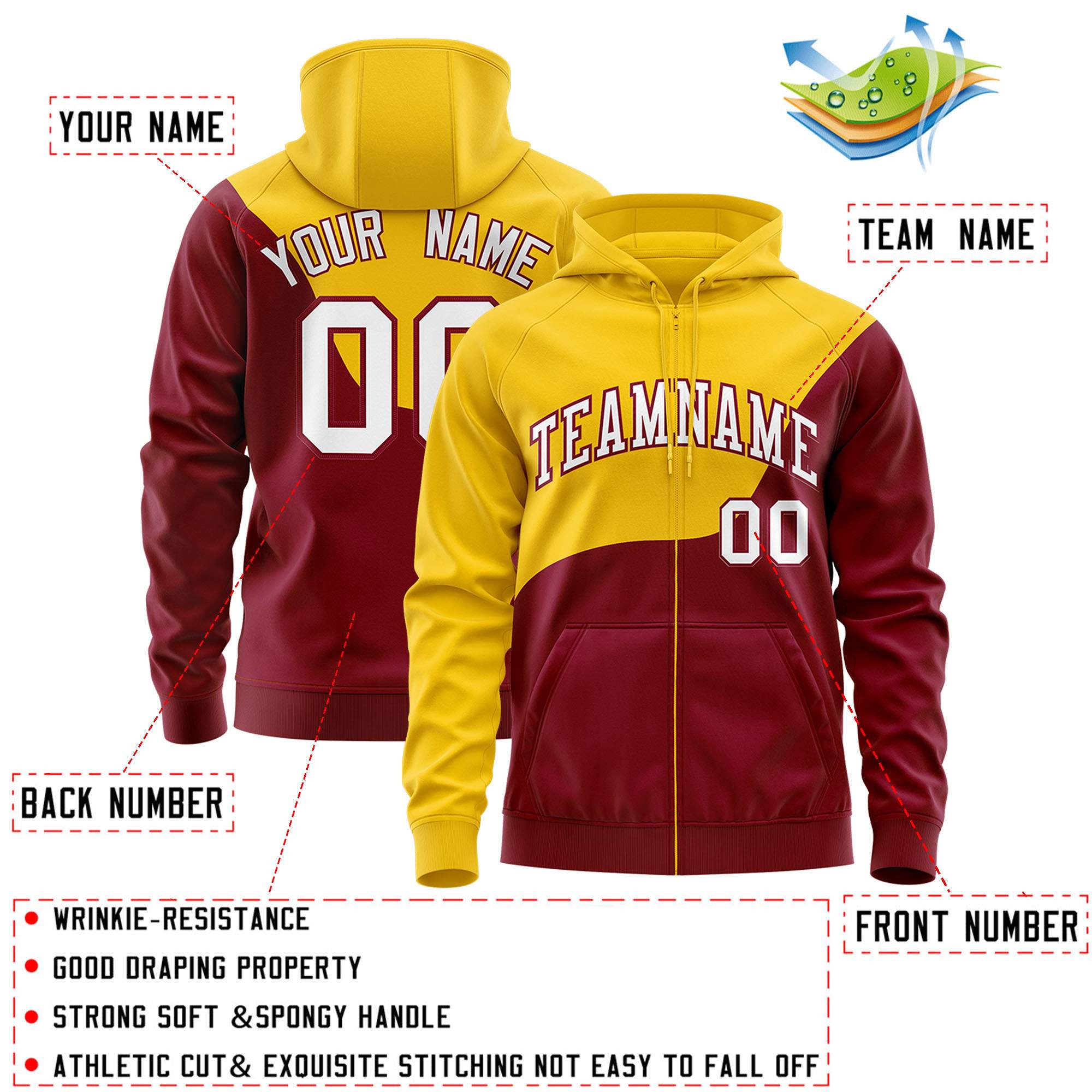 Custom Gold Crimson Color Block Varsity Full-Zip Letterman Wave Jacket Hoodie