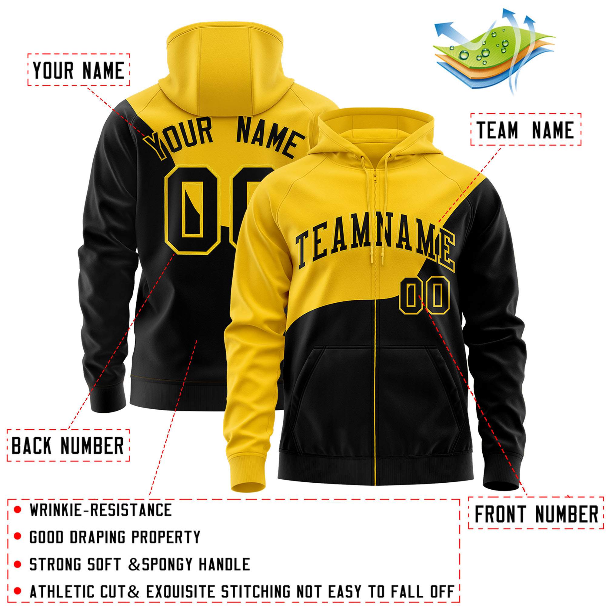 Custom Gold Black Color Block Varsity Full-Zip Letterman Wave Jacket Hoodie
