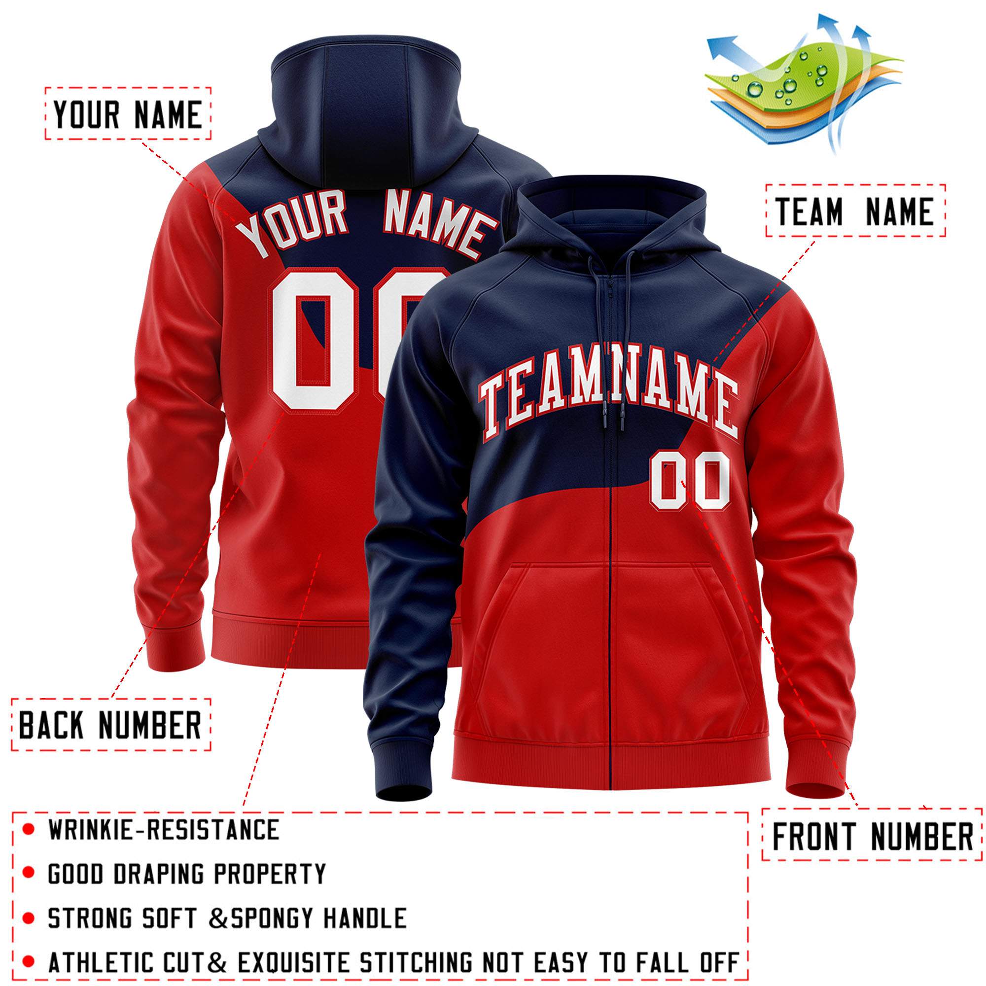 Custom Navy Red Color Block Varsity Full-Zip Letterman Wave Jacket Hoodie
