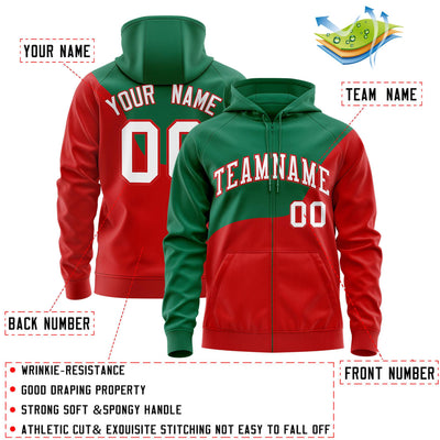 Custom Kelly Green Red Color Block Varsity Full-Zip Letterman Wave Jacket Hoodie