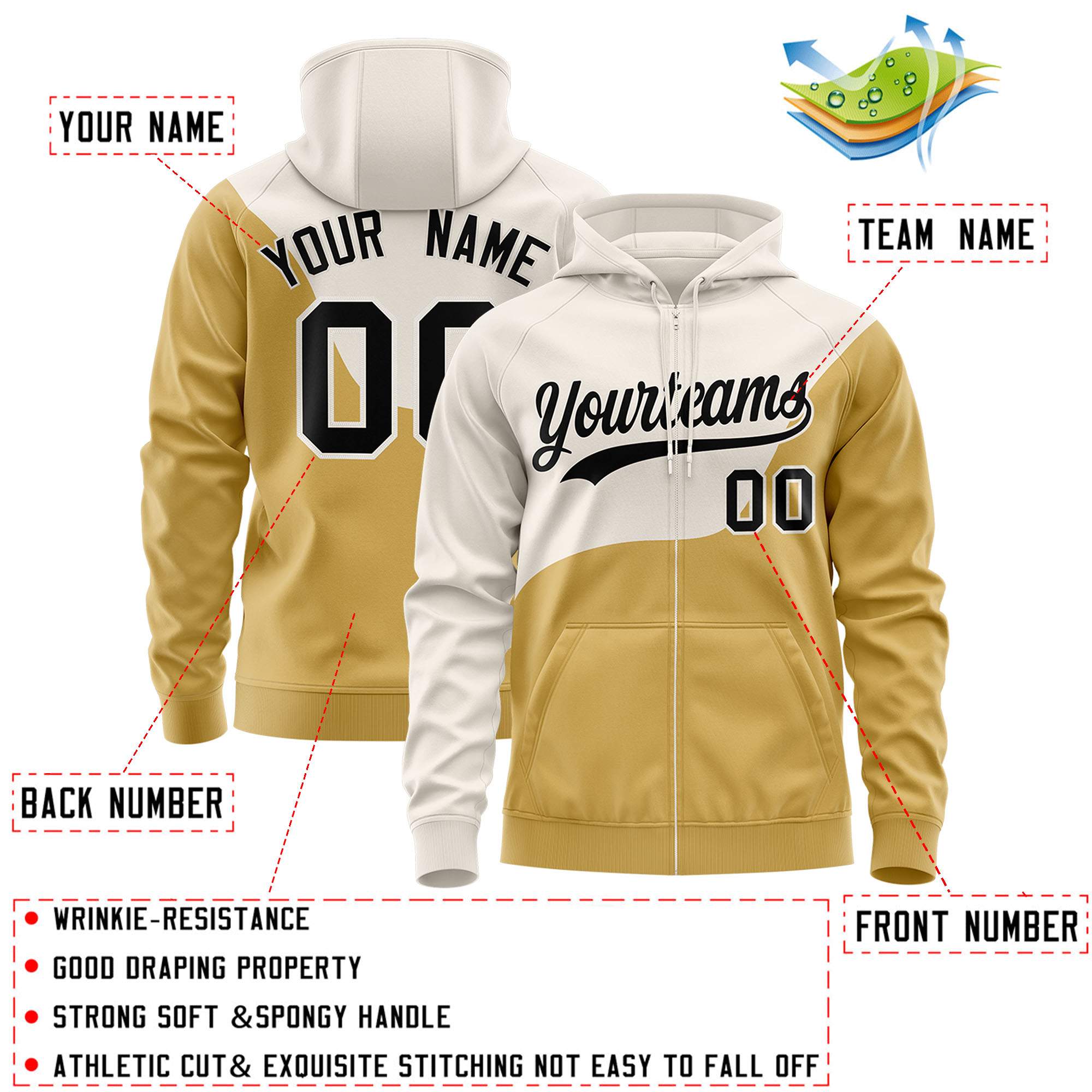 Custom Cream Old Gold Color Block Varsity Full-Zip Letterman Wave Jacket Hoodie