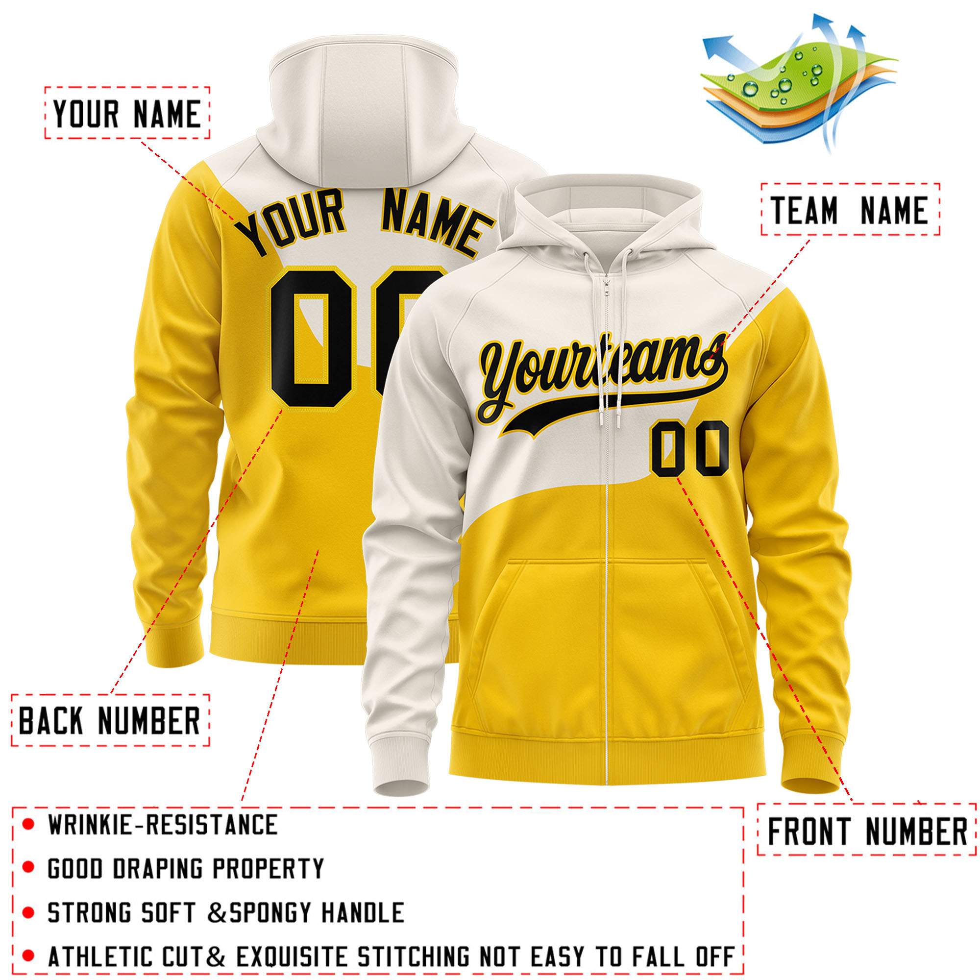 Custom Cream Gold Color Block Varsity Full-Zip Letterman Wave Jacket Hoodie