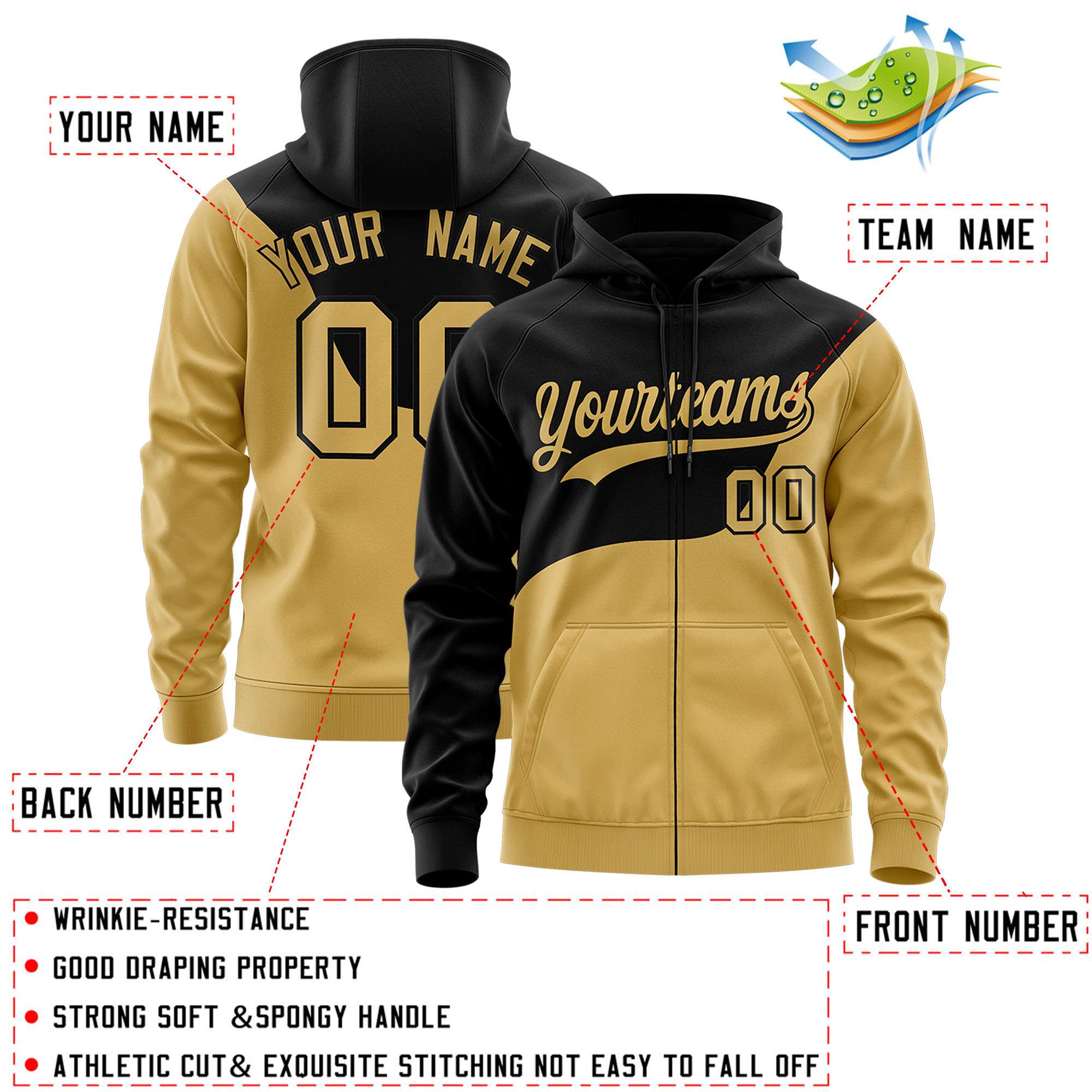 Custom Black Old Gold Color Block Varsity Full-Zip Letterman Wave Jacket Hoodie
