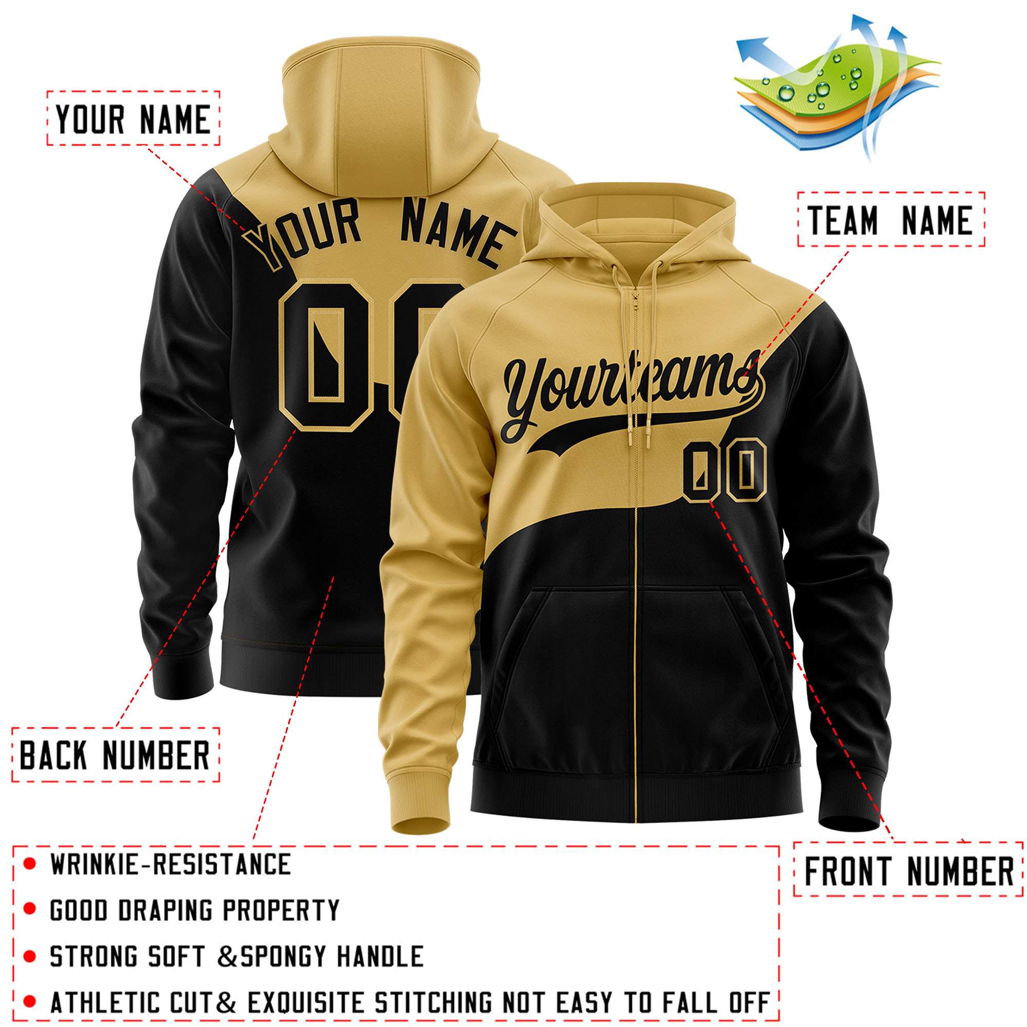 Custom Old Gold Black Color Block Varsity Full-Zip Letterman Wave Jacket Hoodie