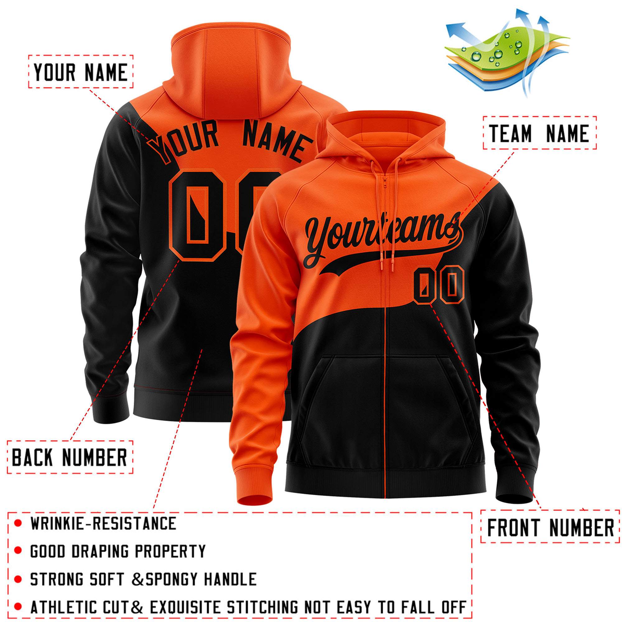 Custom Orange Black Color Block Varsity Full-Zip Letterman Wave Jacket Hoodie