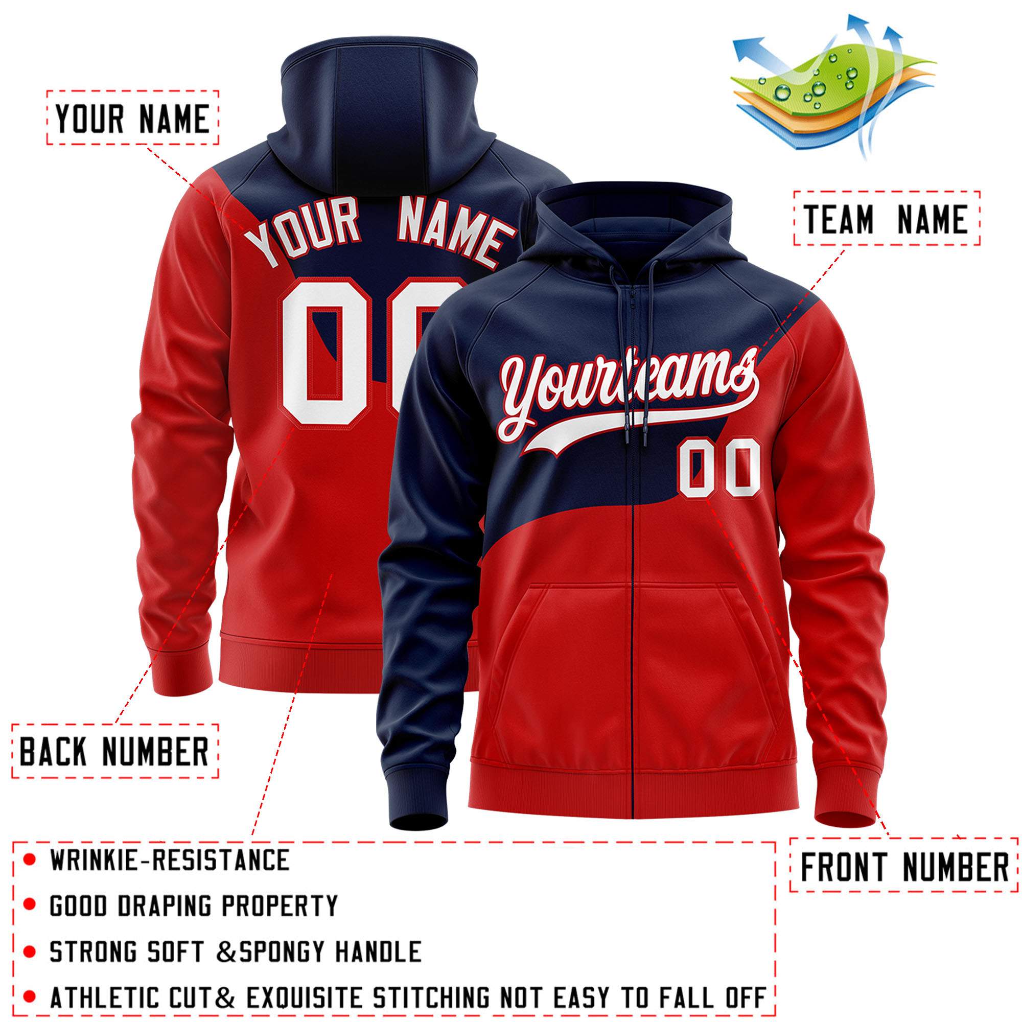 Custom Navy Red Color Block Varsity Full-Zip Letterman Wave Jacket Hoodie