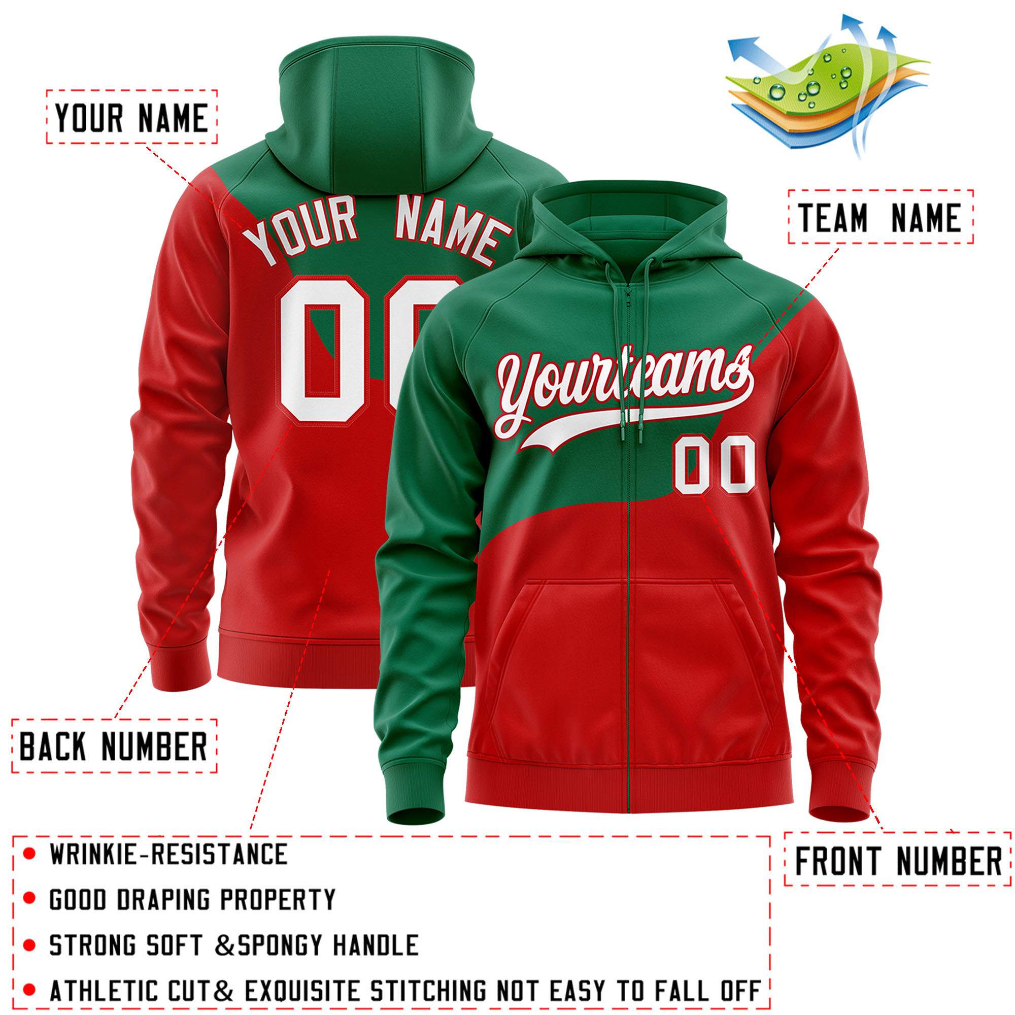 Custom Kelly Green Red Color Block Varsity Full-Zip Letterman Wave Jacket Hoodie