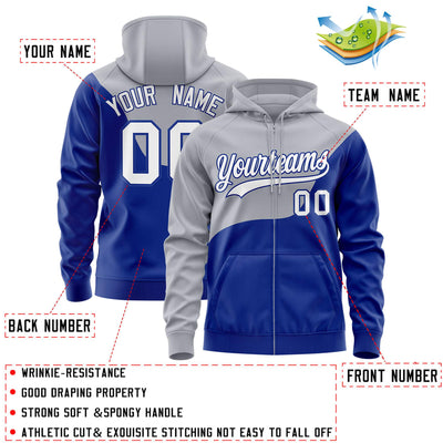 Custom Gray Royal Color Block Varsity Full-Zip Letterman Wave Jacket Hoodie