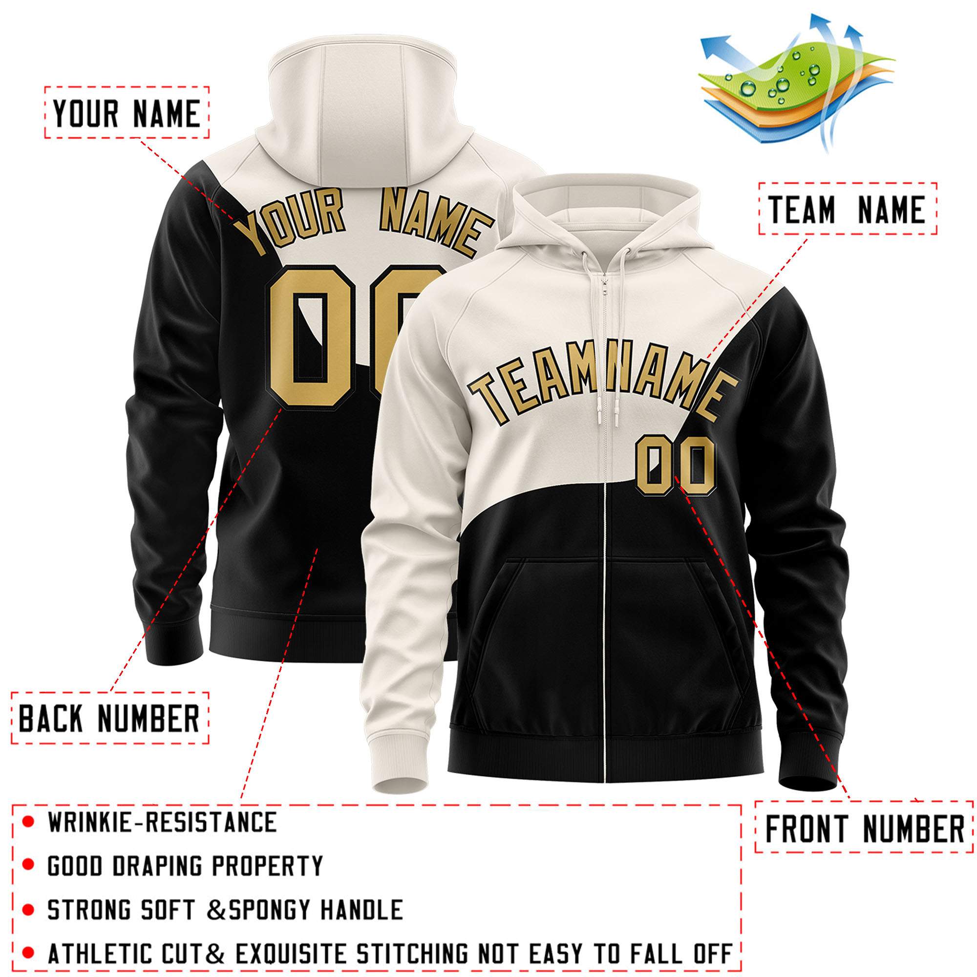 Custom Cream Black Color Block Varsity Full-Zip Letterman Wave Jacket Hoodie