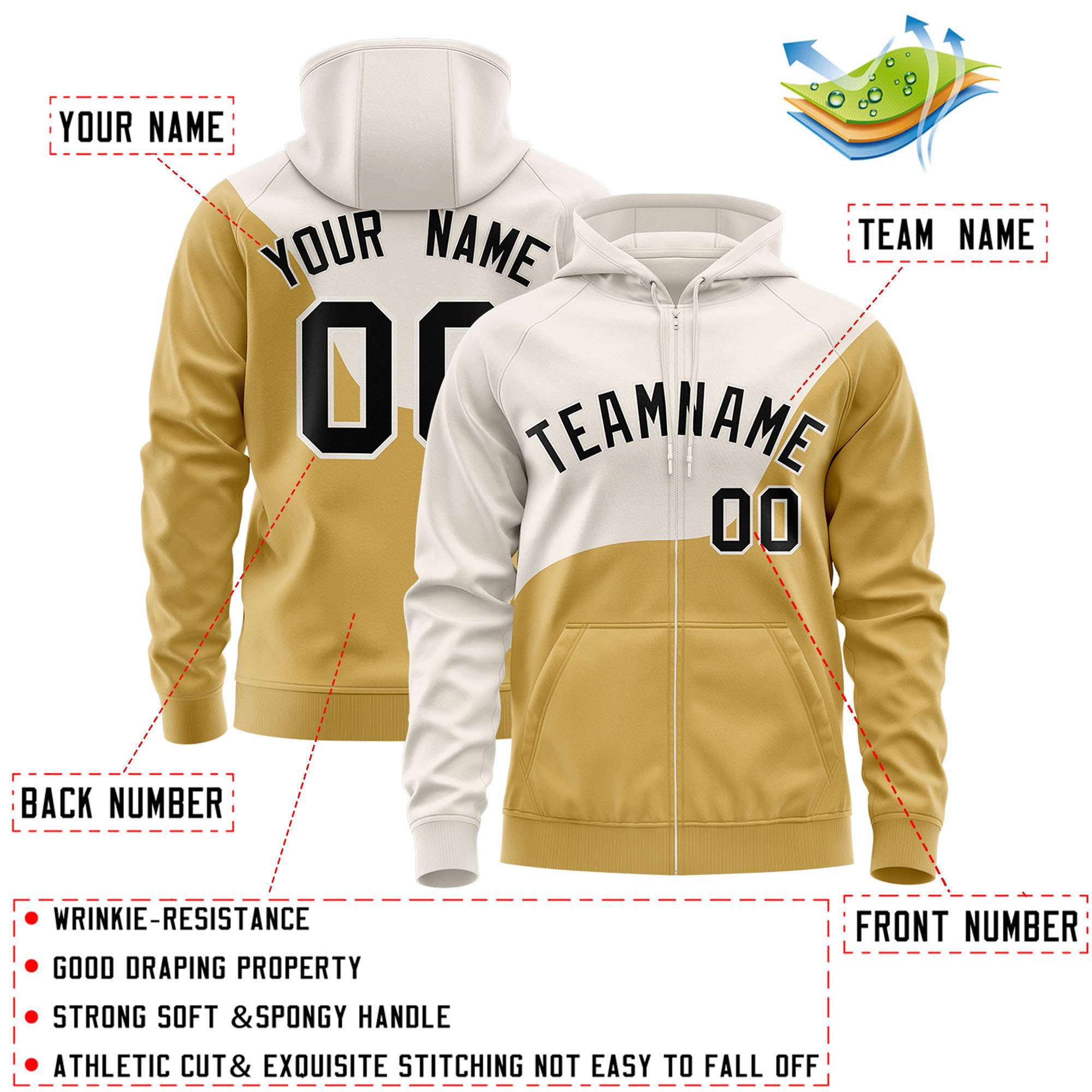 Custom Cream Old Gold Color Block Varsity Full-Zip Letterman Wave Jacket Hoodie