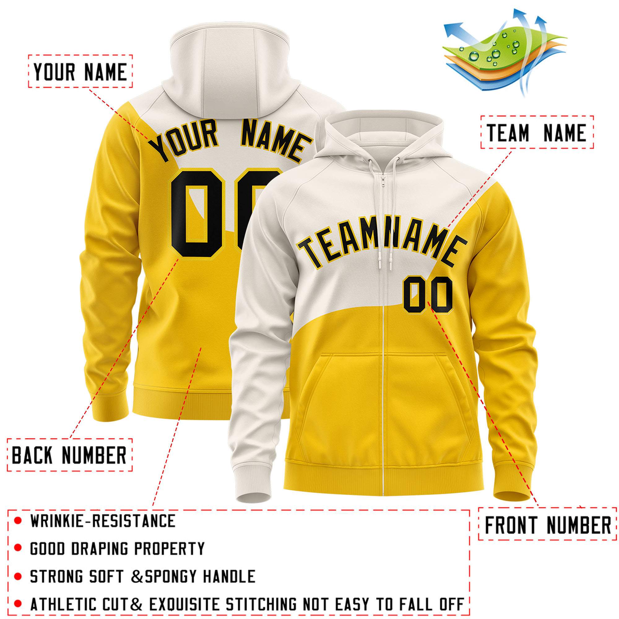 Custom Cream Gold Color Block Varsity Full-Zip Letterman Wave Jacket Hoodie