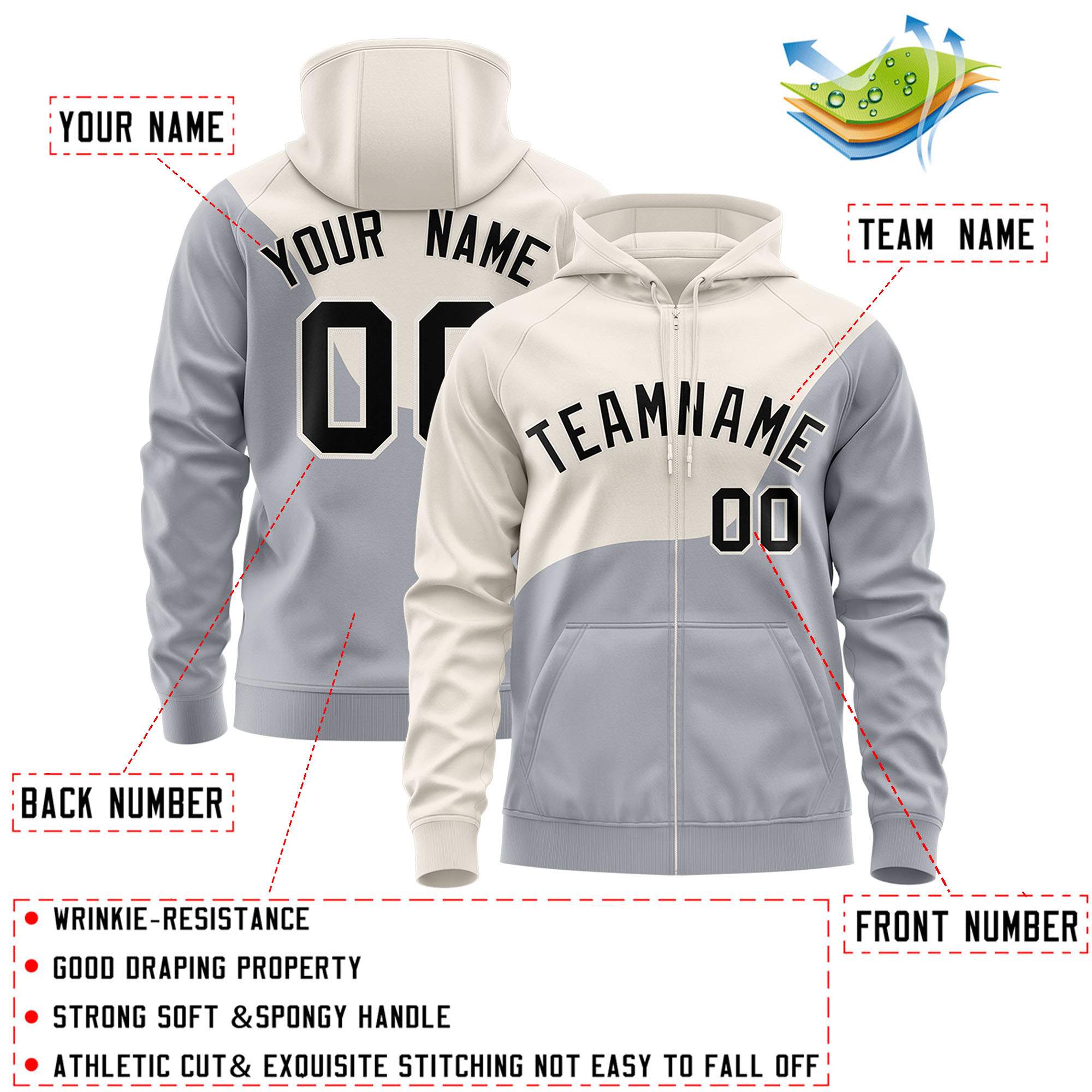 Custom Cream Gray Color Block Varsity Full-Zip Letterman Wave Jacket Hoodie