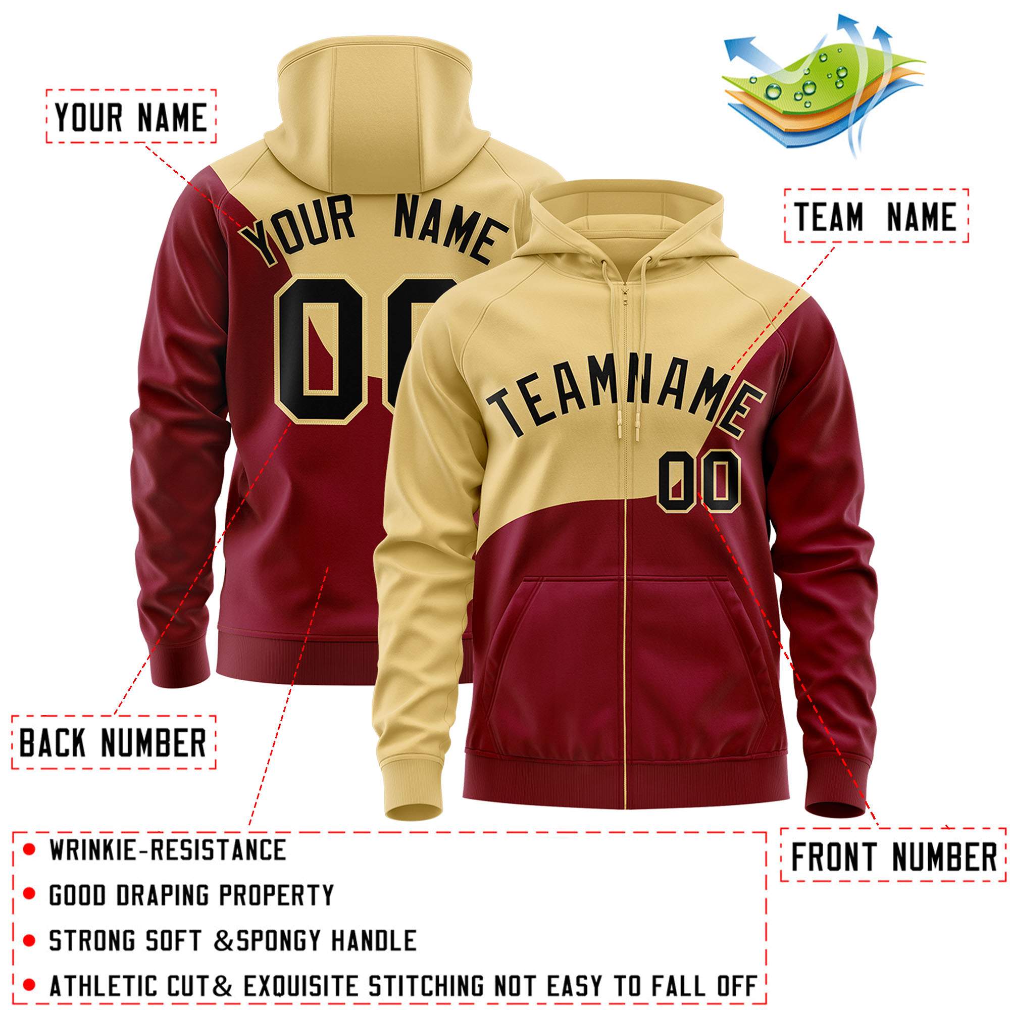 Custom Khaki Crimson Color Block Varsity Full-Zip Letterman Wave Jacket Hoodie