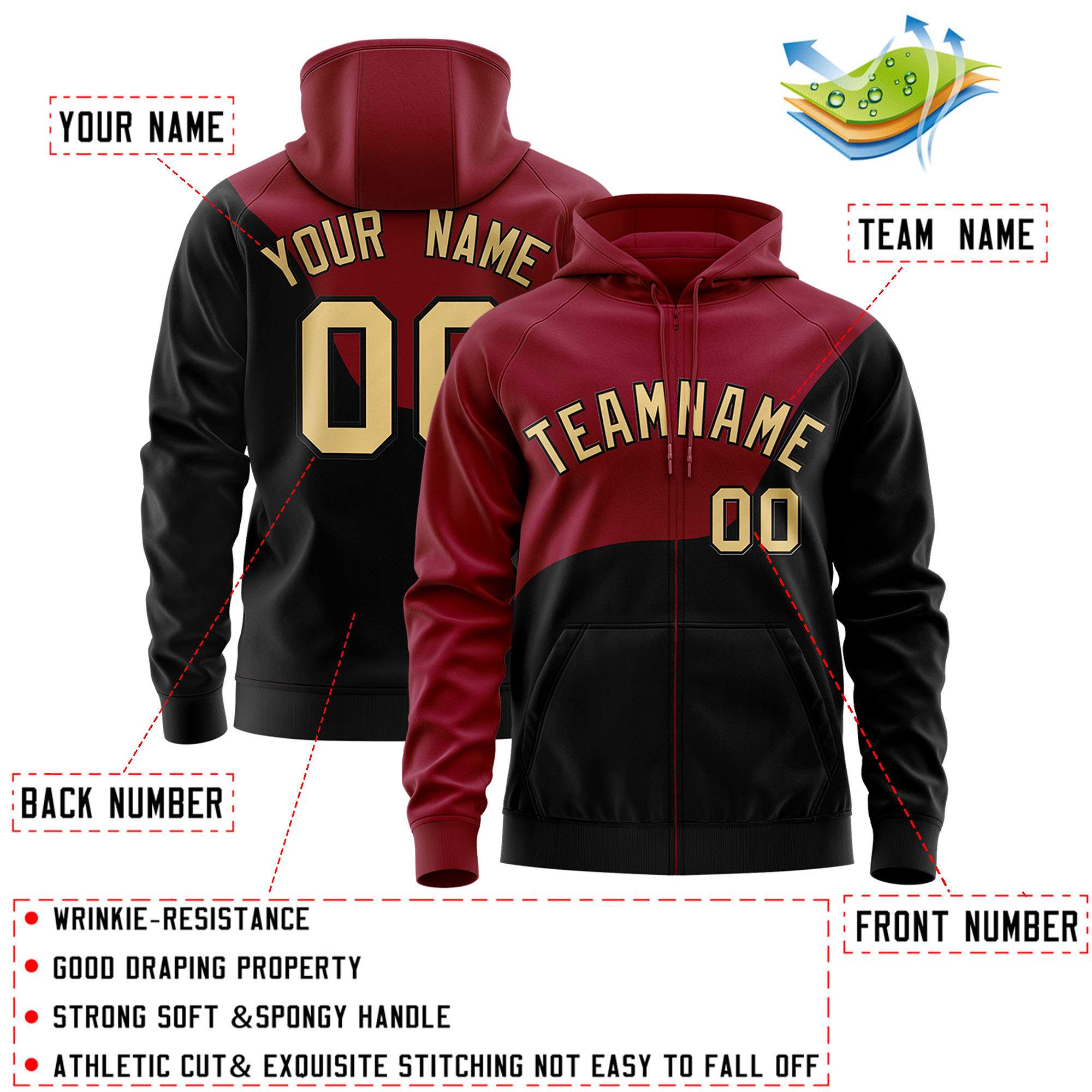Custom Crimson Black Color Block Varsity Full-Zip Letterman Wave Jacket Hoodie