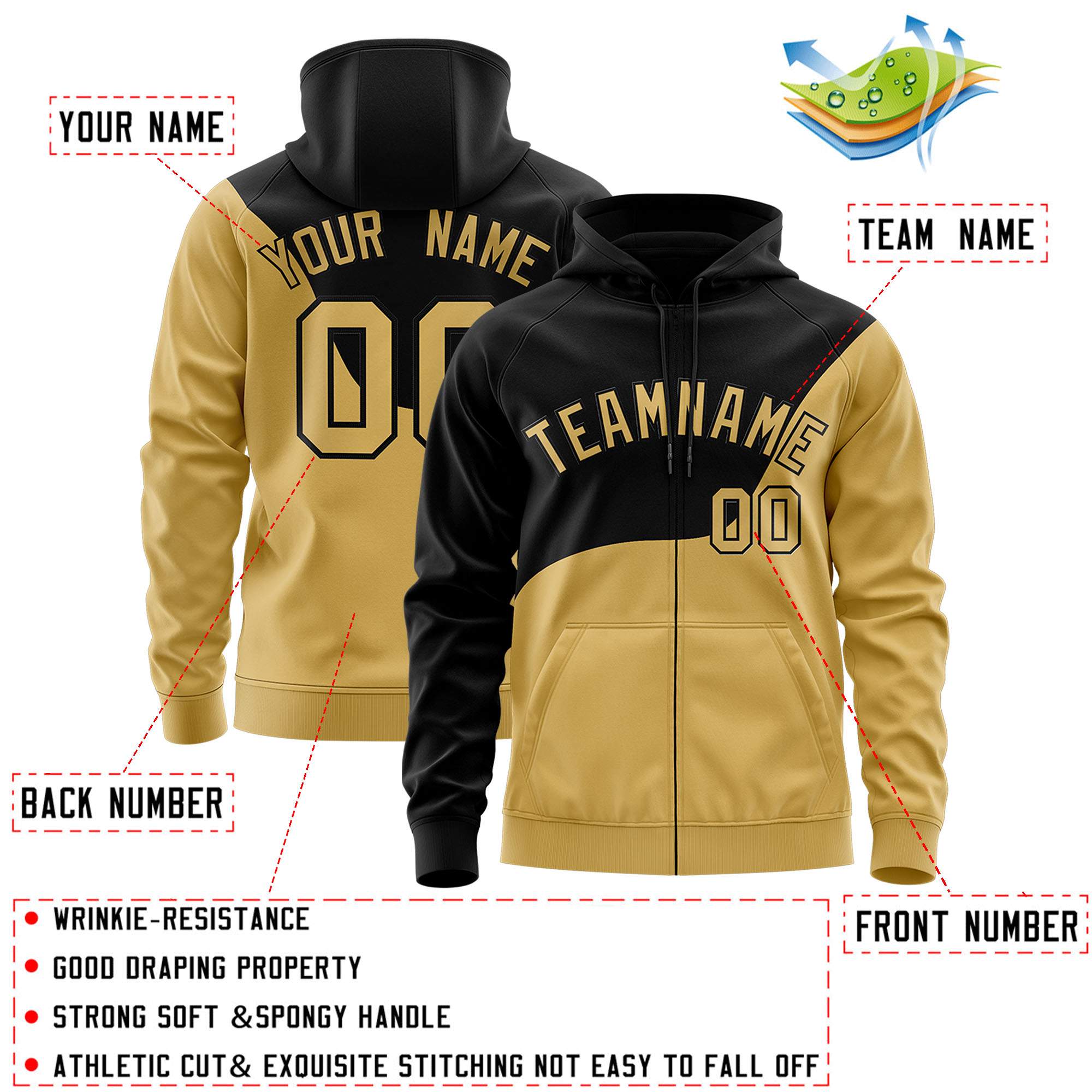 Custom Black Old Gold Color Block Varsity Full-Zip Letterman Wave Jacket Hoodie
