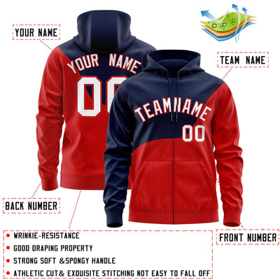 Custom Navy Red Color Block Varsity Full-Zip Letterman Wave Jacket Hoodie