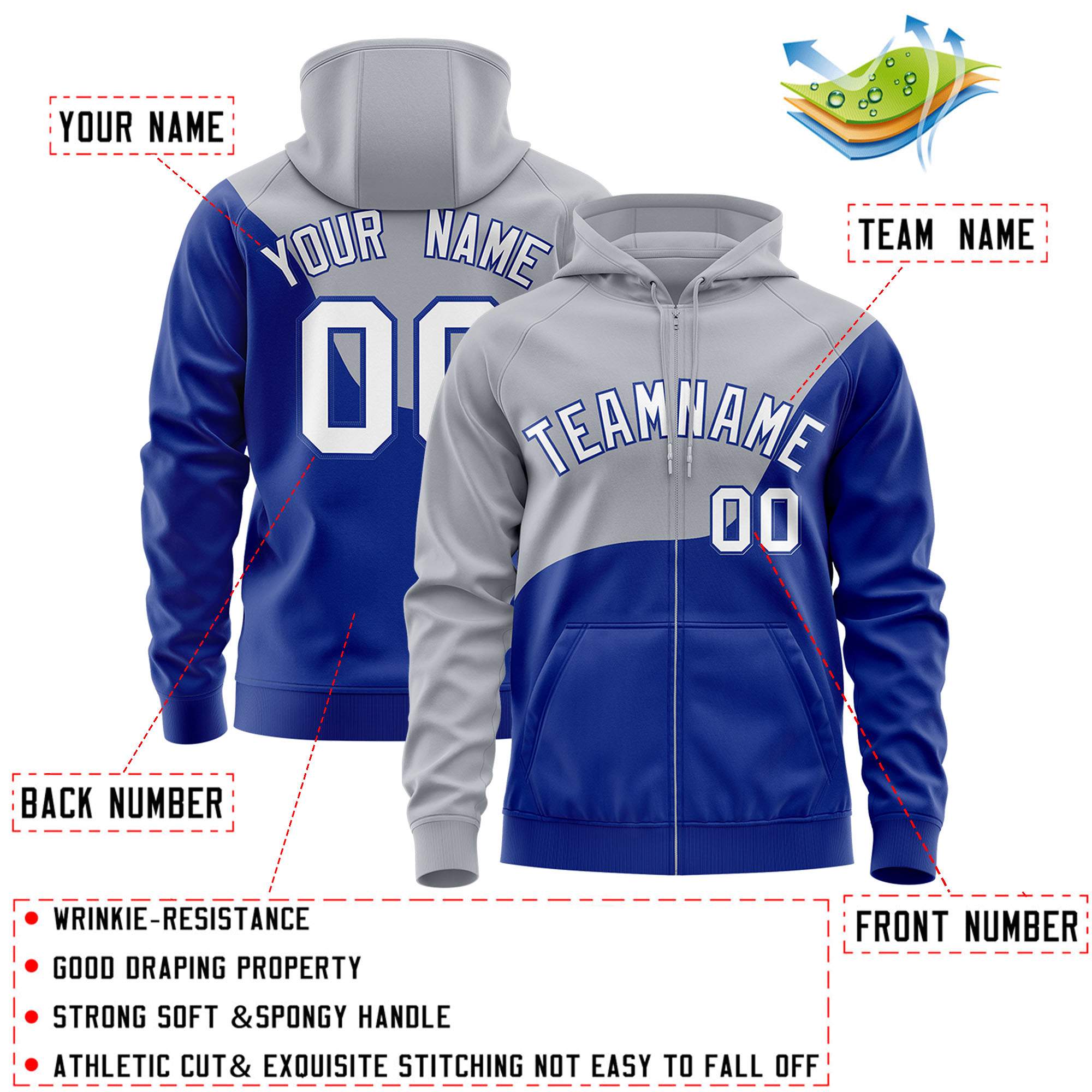Custom Gray Royal Color Block Varsity Full-Zip Letterman Wave Jacket Hoodie